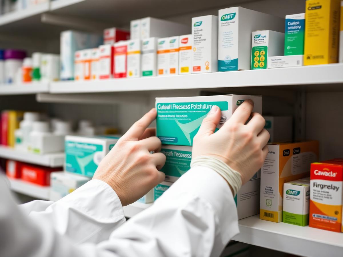 Farmacêutica organizando medicamentos na prateleira